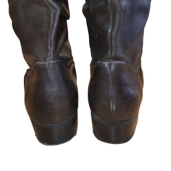 Womens 8 Dark Brown Faux Leather Mid Calf Slouch Boots Low 1” Block Heel - Picture 4 of 6